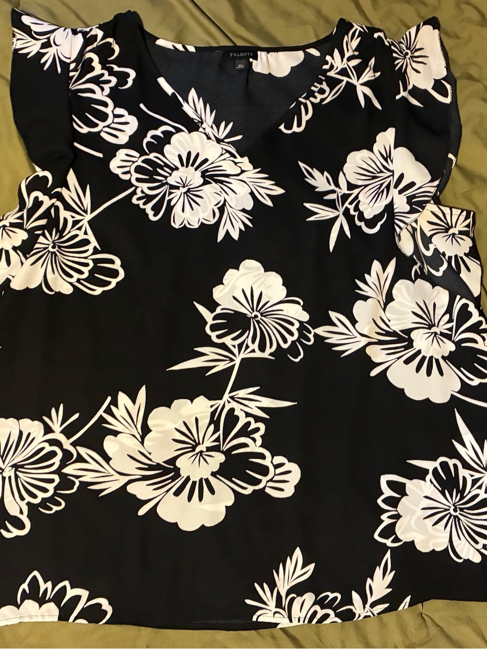 Talbots Black and White Floral V‑Neck Blouse